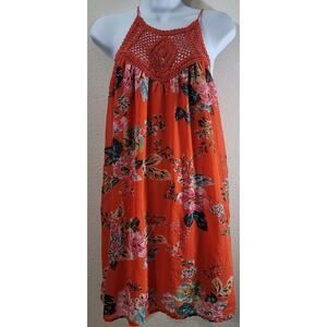 Speechless Orange Floral Print Babydoll Dress Medium Crochet Bodice Lightweight